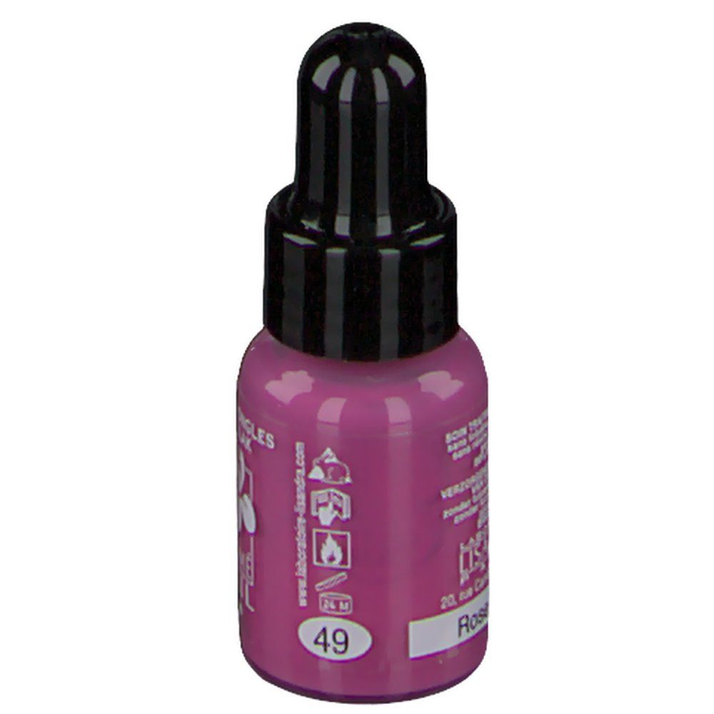 Nagellackflasche, Persisch Pink. Schwarzer Deckel. Aufschrift: 49, Rose Persan. Warnhinweise. Marke: Cosmé Nail.
