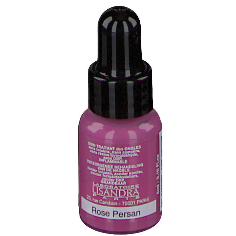 Nagellackflasche, Persisch Pink. Schwarzer Deckel. Aufschrift: Rose Persan. Marke: Lisandra. Adresse: 20, rue Cambon, Paris.