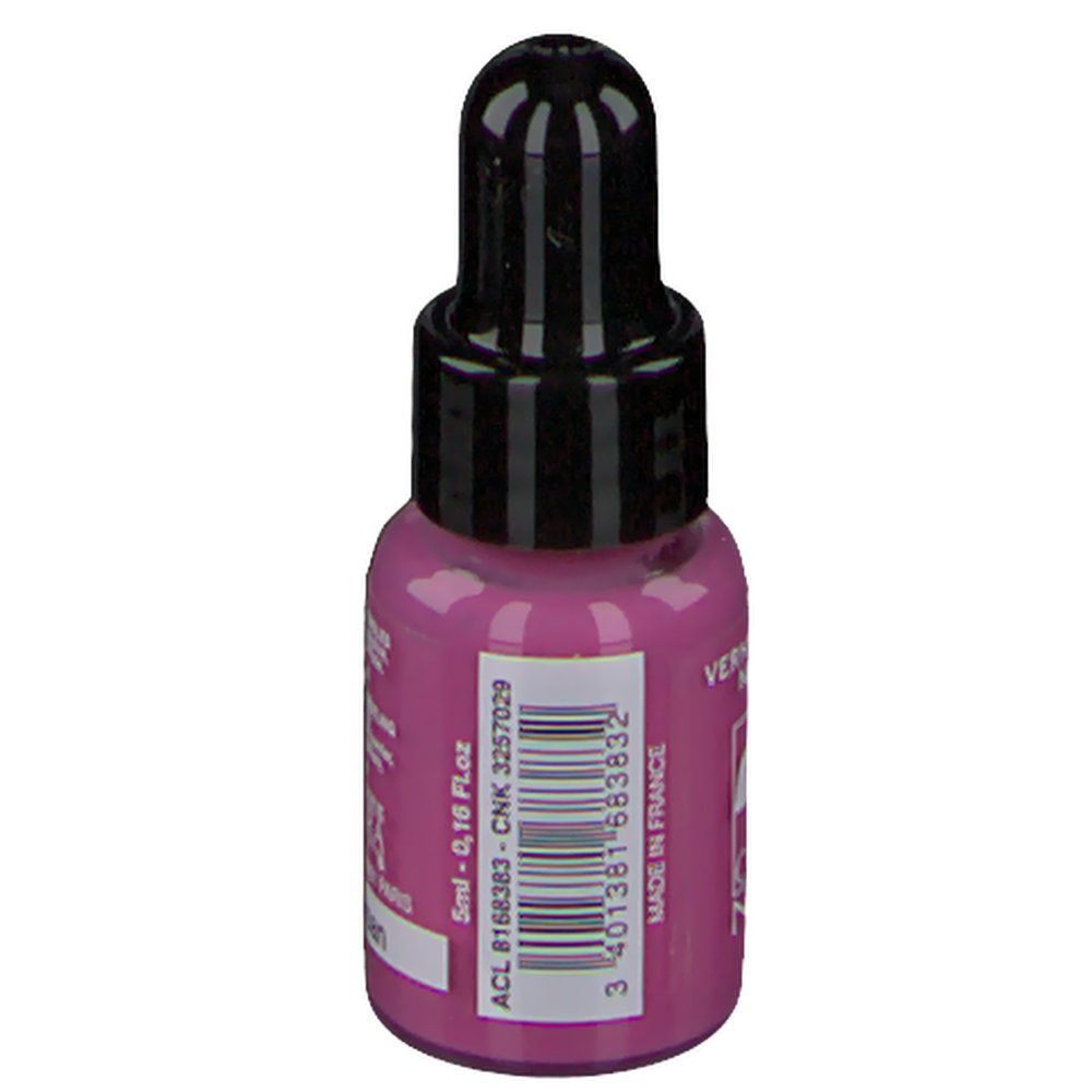Nagellackflasche, Persisch Pink. Schwarzer Deckel. Aufschrift: 5ml, 0,16 Fl.oz. Barcode. Hergestellt in Frankreich.