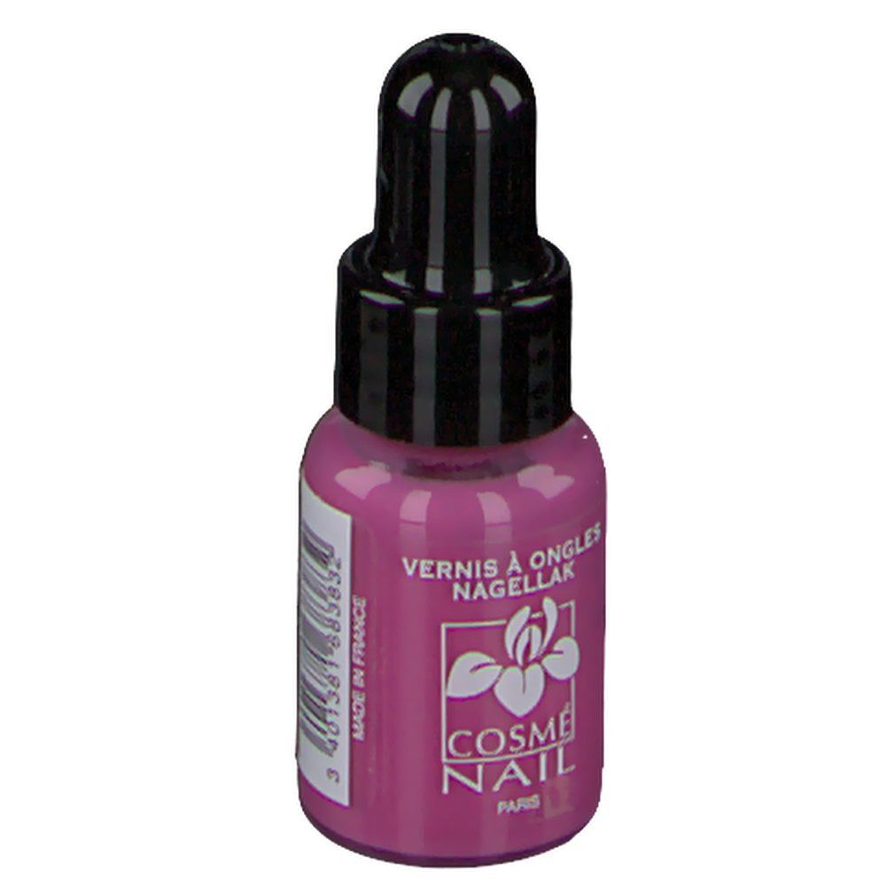 Nagellackflasche, Persisch Pink. Schwarzer Deckel. Aufschrift: Vernis à Ongles Nagellak. Marke: Cosmé Nail. Hergestellt in Frankreich.