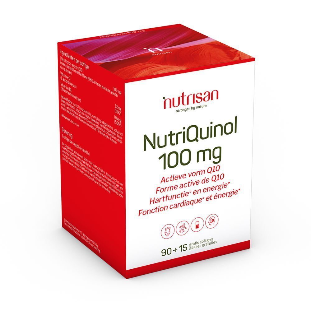Boîte rouge et blanche NutriQuinol 100 mg. Contient 90+15 gélules. Logos et informations produit.