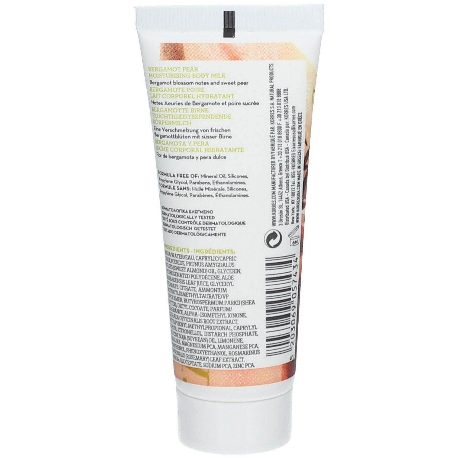 Rückseite der KORRES® Bodylotion-Tube. Text mit Inhaltsstoffen und Herstellerinformationen. Weiße Tube.