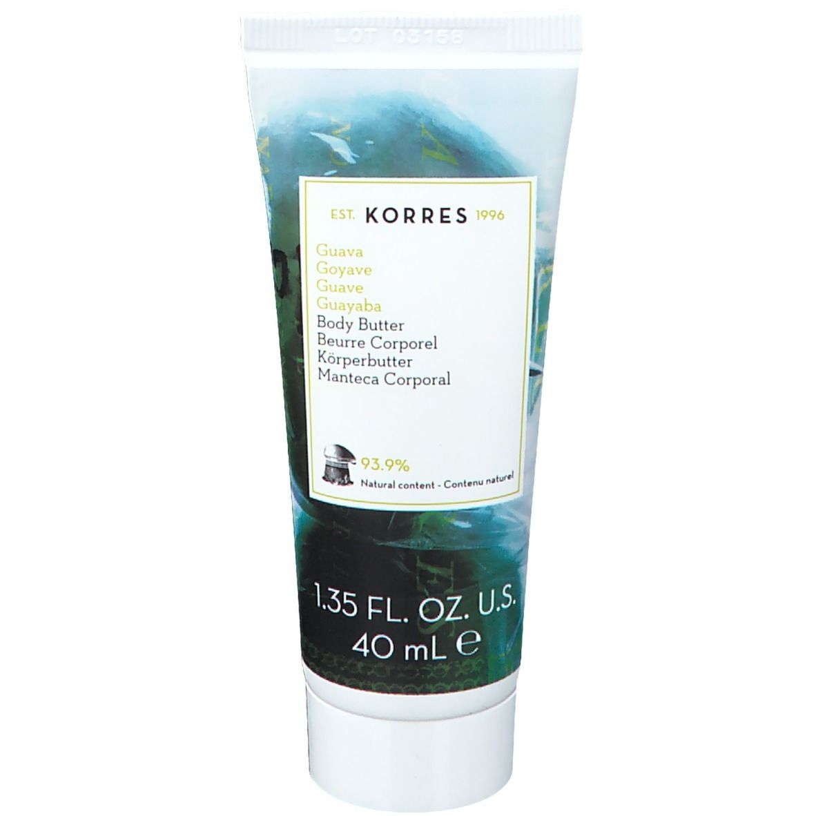Tube de beurre corporel KORRES® Guave, face avant, texte multilingue, 40 ml.
