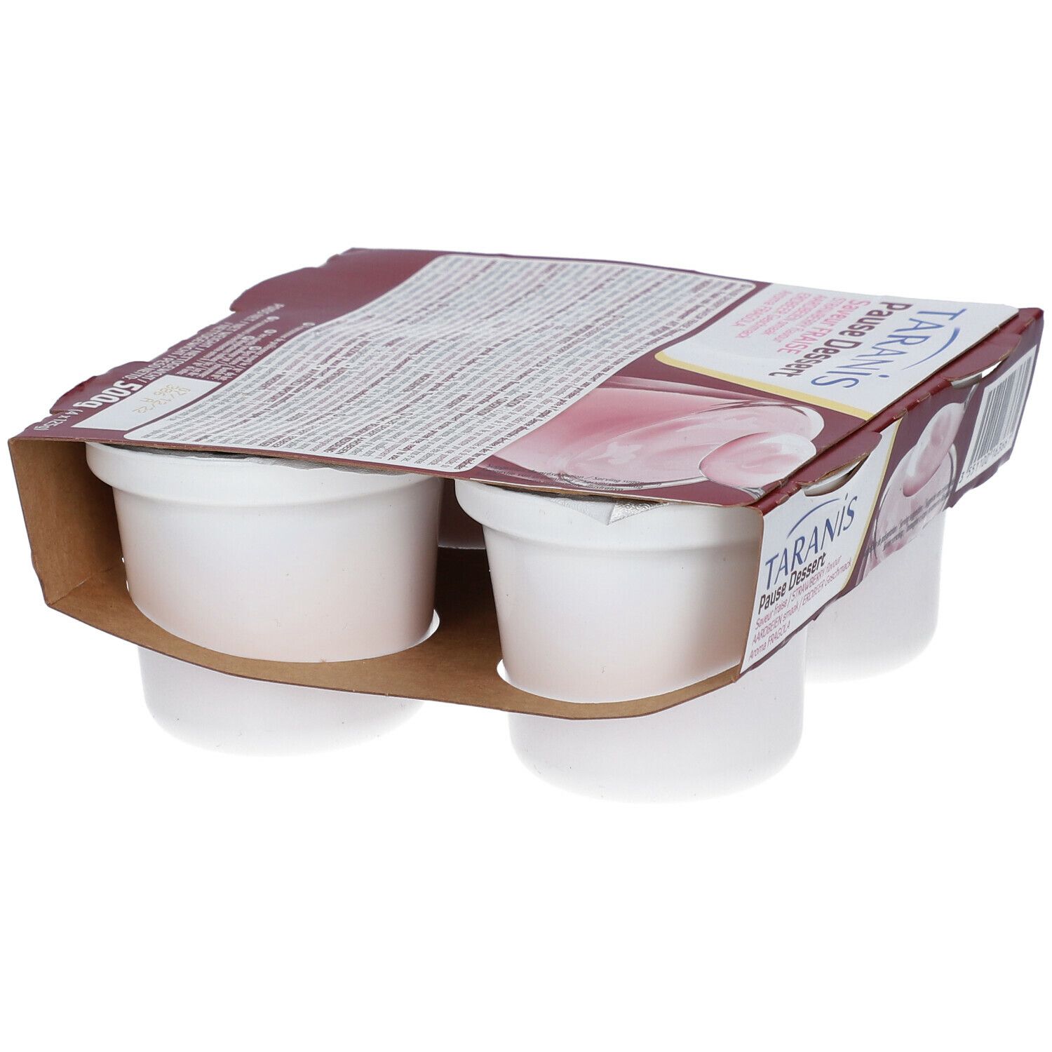 Emballage de quatre desserts blancs. Inscription: TARANIS Pause Dessert saveur fraise. Emballage en carton.