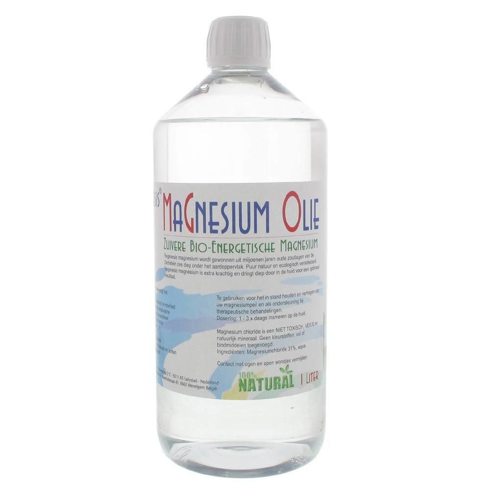 Transparente Flasche mit weißem Deckel. Aufschrift: Magnesium Olie. Etikett mit Text und Logo.