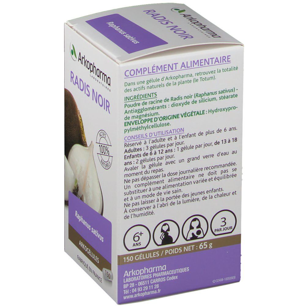 Rückseite der Schachtel Arkocaps Radis Noir. Text: complément alimentaire, Inhaltsstoffe, Gebrauchsanweisung, 150 gélules/Poids net: 65 g.