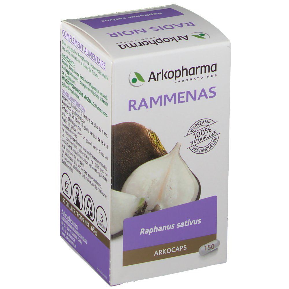 Schachtel mit Arkocaps Rammenas. Aufdrucke: Rammenas, Arkopharma, 100% naturels, 150 Arkocaps. Abbildung von Rettich.