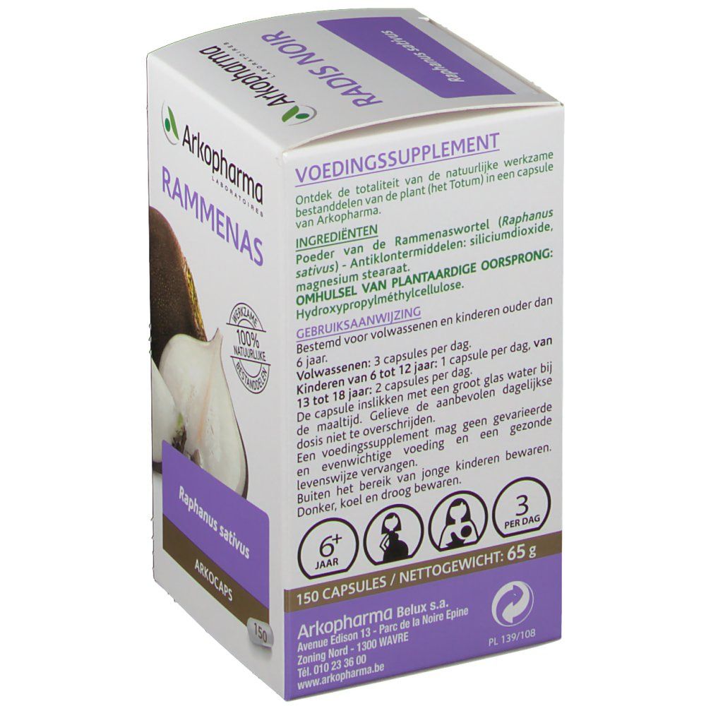 Rückseite der Schachtel Arkocaps Rammenas. Text: Voedingssupplement, Inhaltsstoffe, Gebrauchsanweisung, 150 capsules/nettogewicht: 65 g.