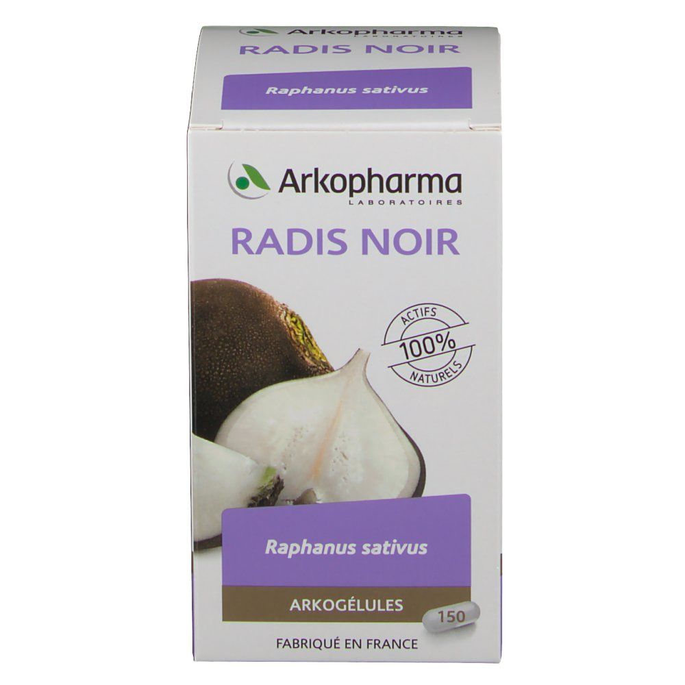 Schachtel mit Arkocaps Radis Noir. Aufdrucke: Radis Noir, Arkopharma, 100% naturels, 150 Arkogélules. Abbildung von Rettich.
