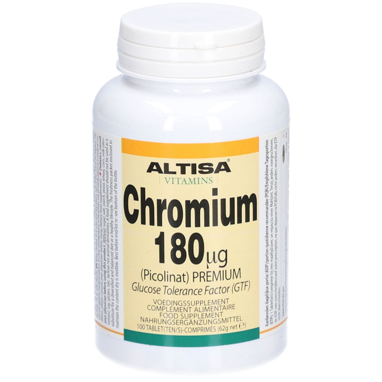 Weiße Flasche mit Schraubverschluss. Aufschrift: Altisa Vitamins Chromium 180 µg Tabletten. 100 Tabletten.