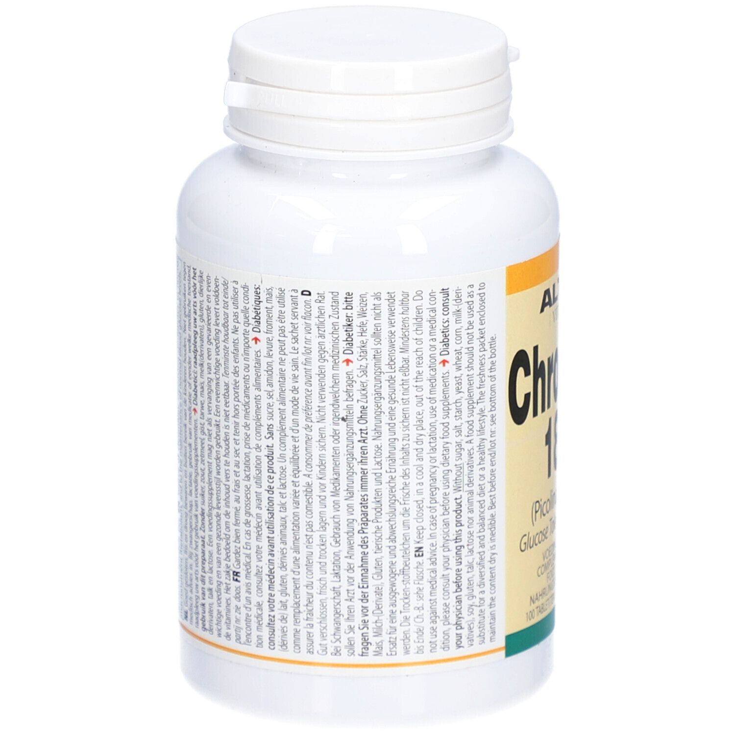 Weiße Flasche mit Schraubverschluss. Rückseite mit Text. Aufschrift: Altisa Vitamins Chromium 180 µg Tabletten.
