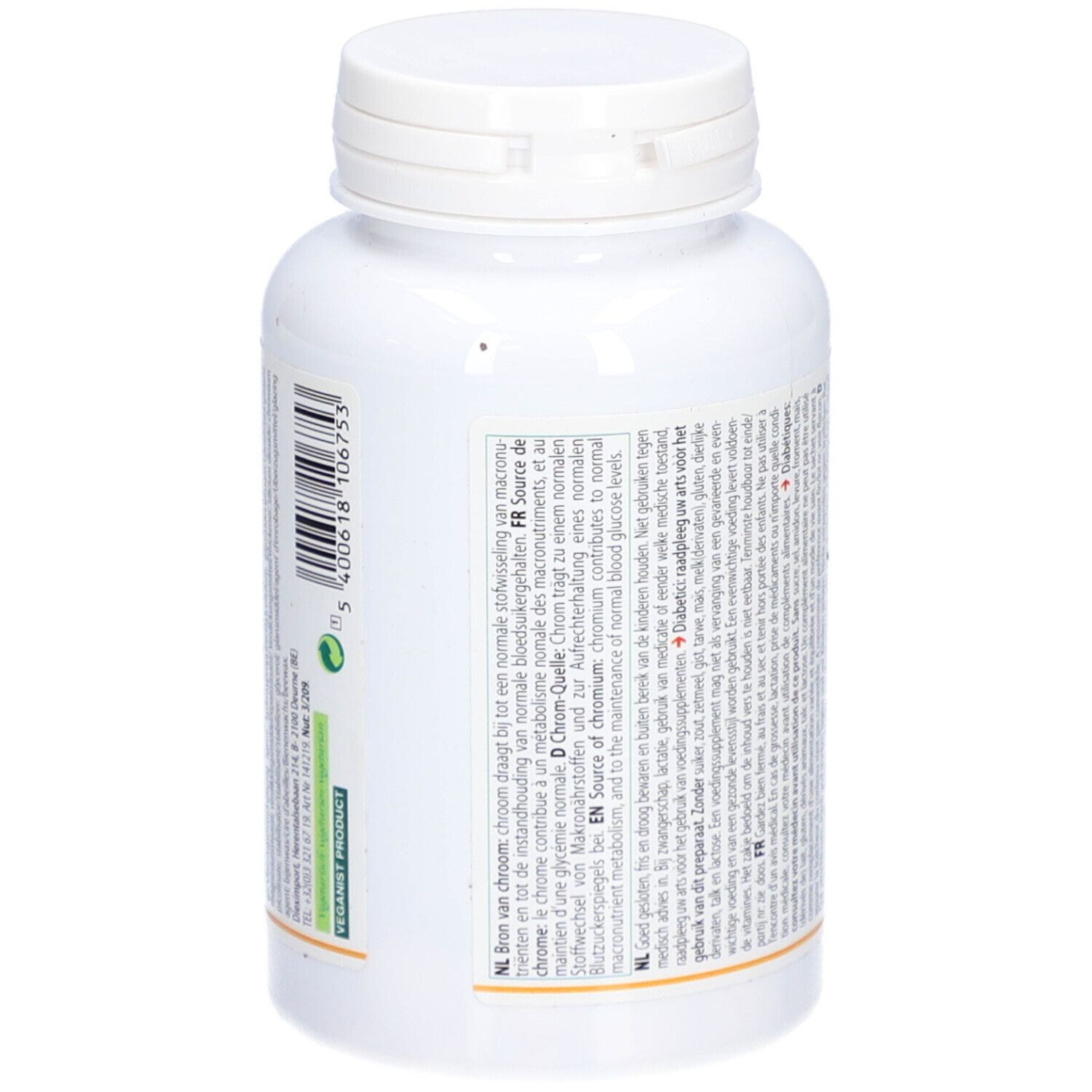 Rückseite einer weißen Flasche mit Schraubverschluss. Text in mehreren Sprachen. Aufschrift: Altisa Vitamins Chromium 180 µg Tabletten.