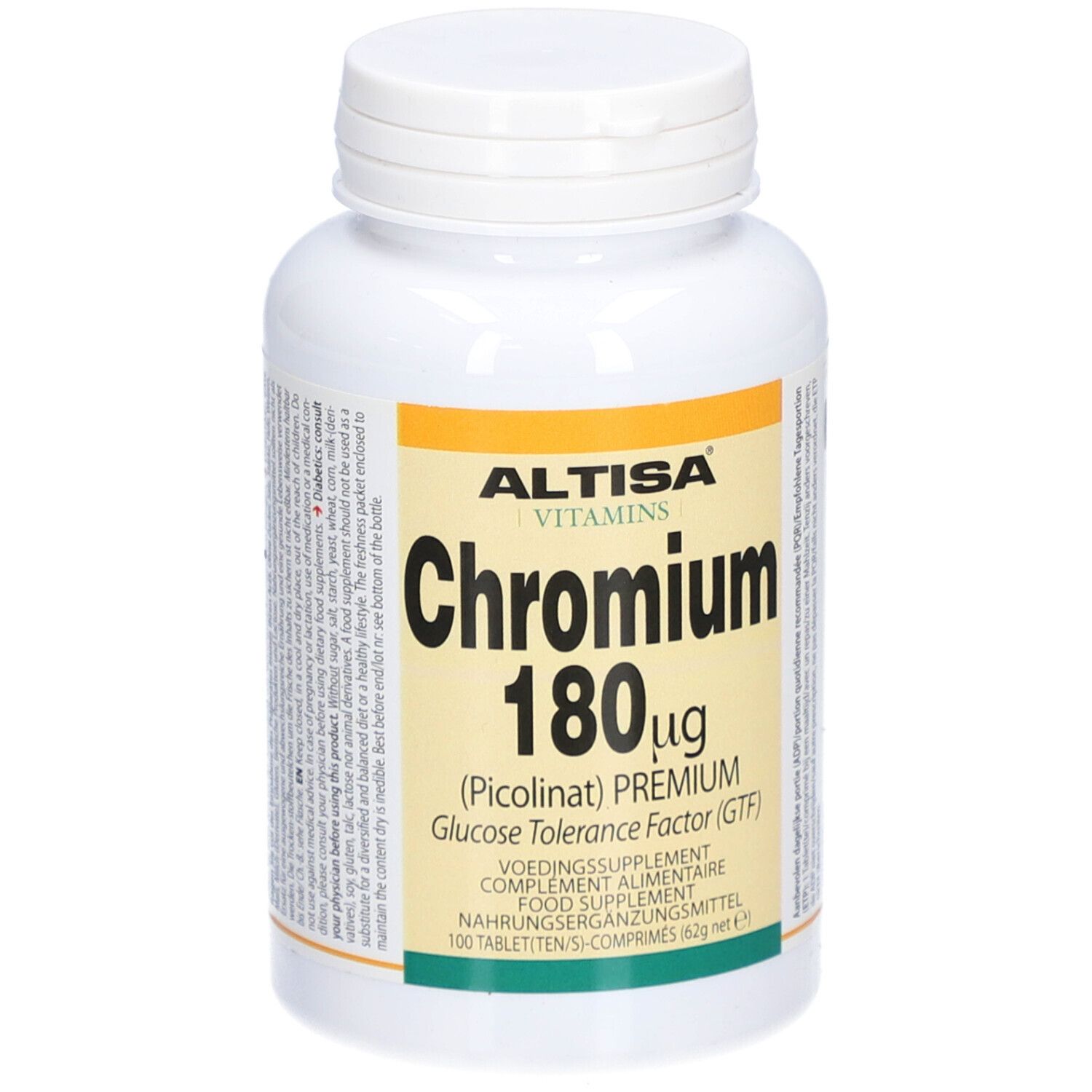 Weiße Flasche mit Schraubverschluss. Aufschrift: Altisa Vitamins Chromium 180 µg Tabletten. 100 Tabletten.