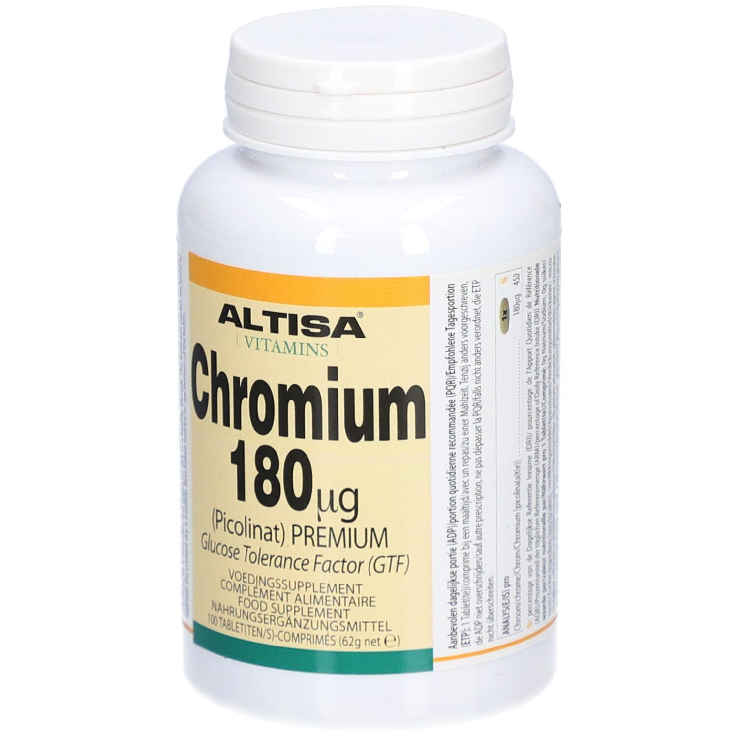 Weiße Flasche mit Schraubverschluss. Aufschrift: Altisa Vitamins Chromium 180 µg Tabletten. 100 Tabletten.