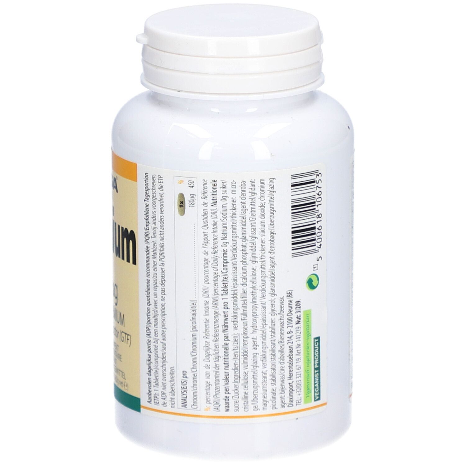 Rückseite einer weißen Flasche mit Schraubverschluss. Text in mehreren Sprachen. Aufschrift: Altisa Vitamins Chromium 180 µg Tabletten.