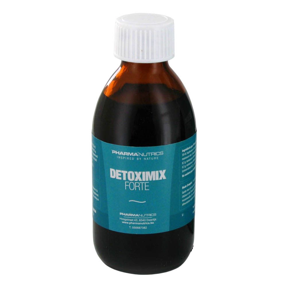 Flacon en verre brun Pharmanutrics Detoximix Forte, bouchon blanc. Étiquette avec nom et logo du produit.