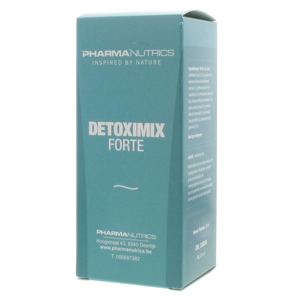 Boîte Pharmanutrics Detoximix Forte, turquoise. Inscriptions : Pharmanutrics, Detoximix Forte. Logo et coordonnées.