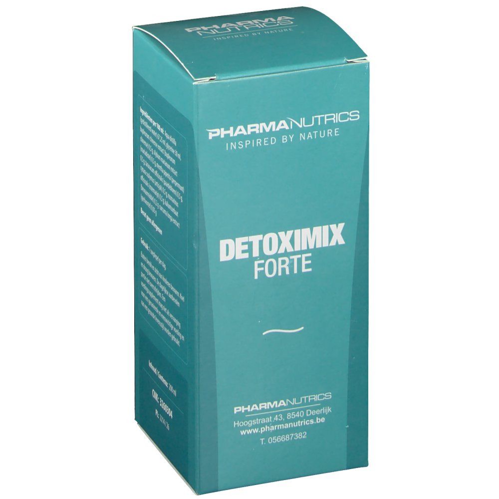 Boîte Pharmanutrics Detoximix Forte, turquoise. Inscriptions : Pharmanutrics, Detoximix Forte. Logo et coordonnées.