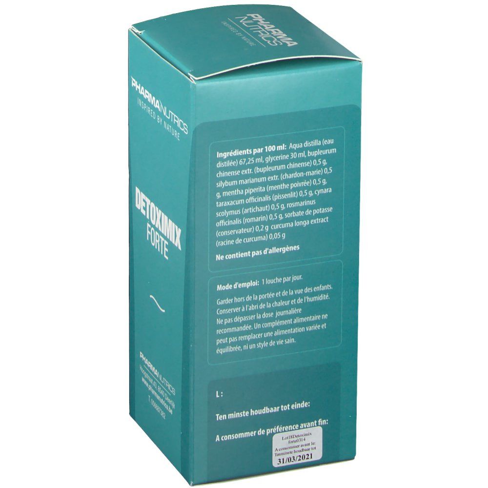 Dos de la boîte Pharmanutrics Detoximix Forte. Ingrédients, mode d'emploi et date de péremption.