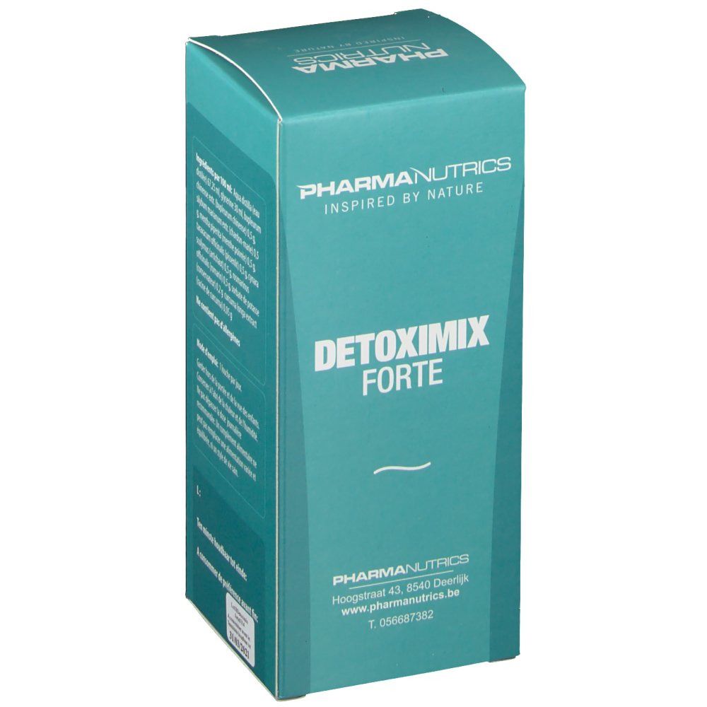Boîte Pharmanutrics Detoximix Forte, turquoise. Inscriptions : Pharmanutrics, Detoximix Forte. Logo et coordonnées.