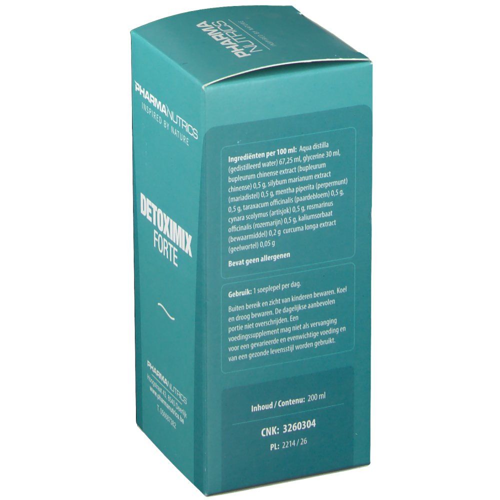 Boîte Pharmanutrics Detoximix Forte, turquoise. Inscriptions : Pharmanutrics, Detoximix Forte. Ingrédients et mode d'emploi.