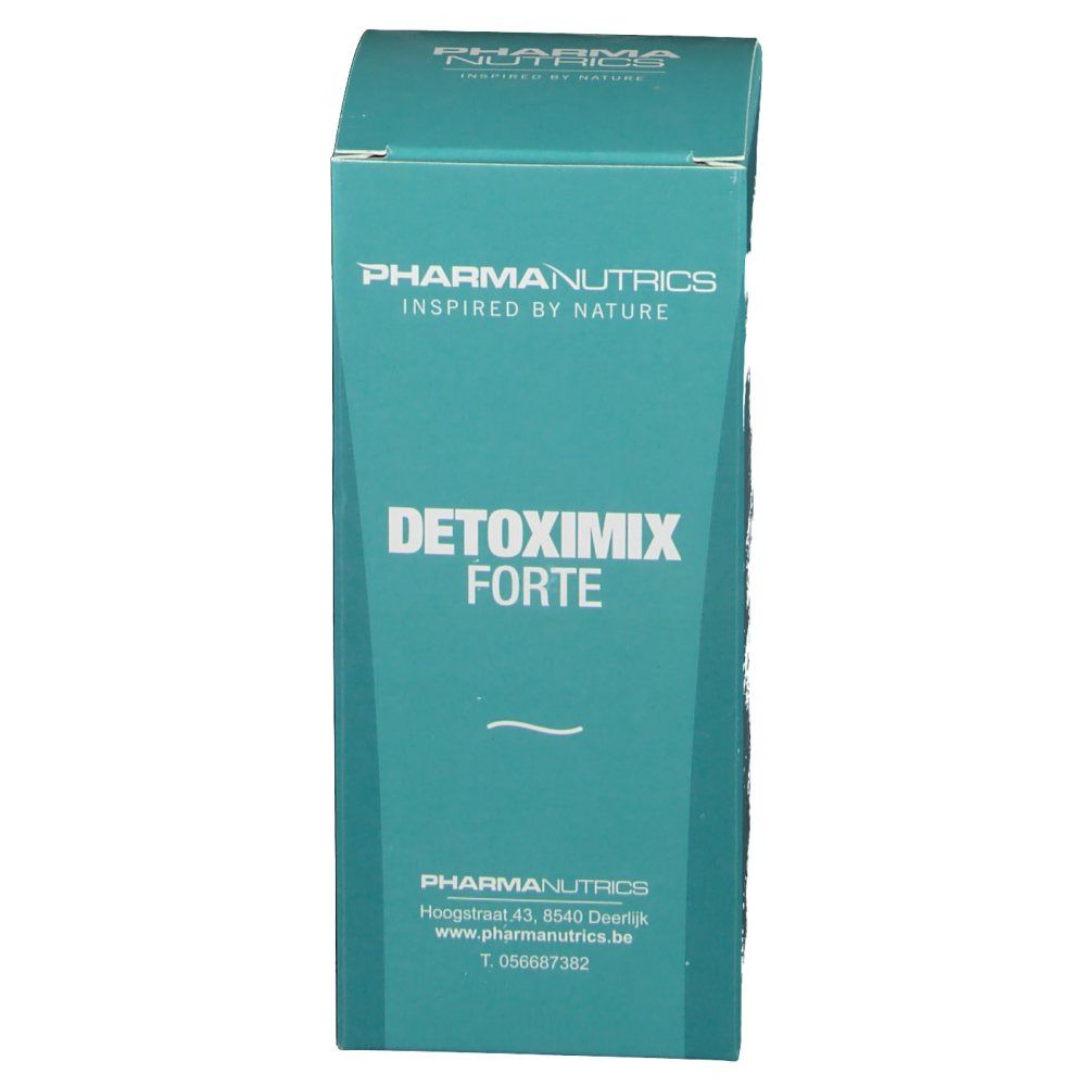 Boîte Pharmanutrics Detoximix Forte, turquoise. Inscriptions : Pharmanutrics, Detoximix Forte. Logo et coordonnées.