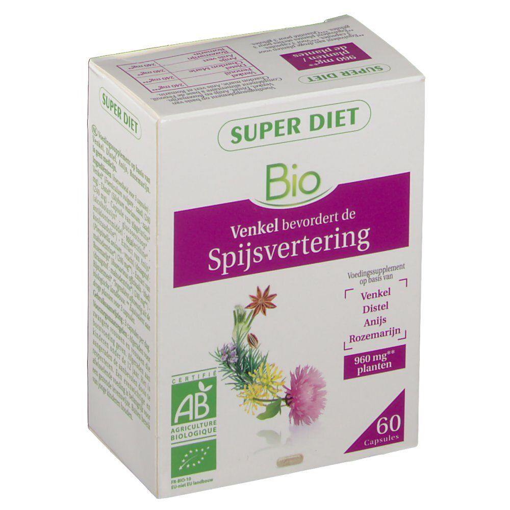 Boîte blanche "Super Diet Bio". Contient 60 gélules. Certification AB Bio. Texte en néerlandais.