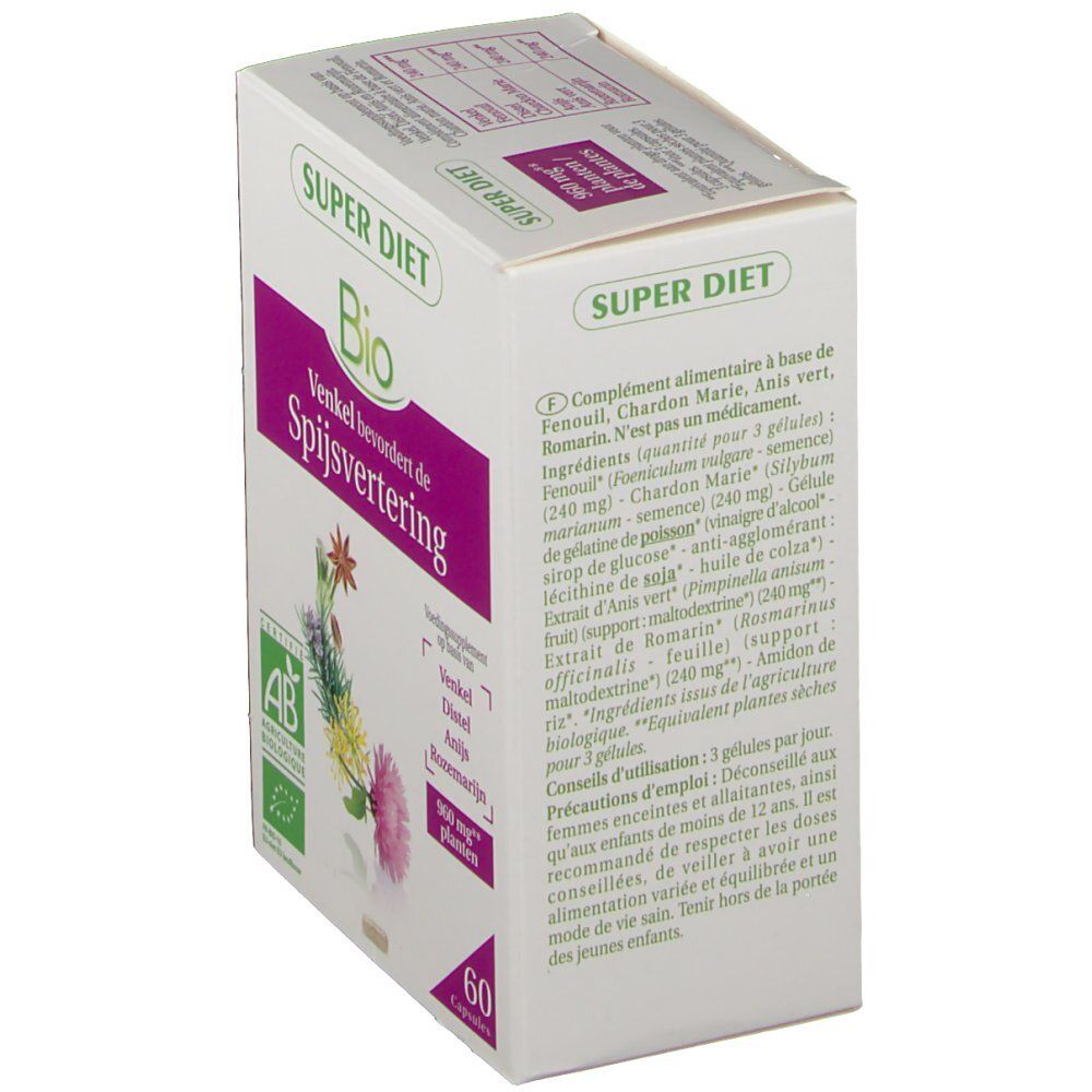 Boîte blanche avec texte en néerlandais. Contient des informations sur les ingrédients et l'utilisation. Certification AB Bio.