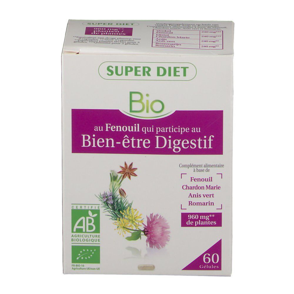 Boîte blanche "Super Diet Bio". Contient 60 gélules. Certification AB Bio. Texte en français.