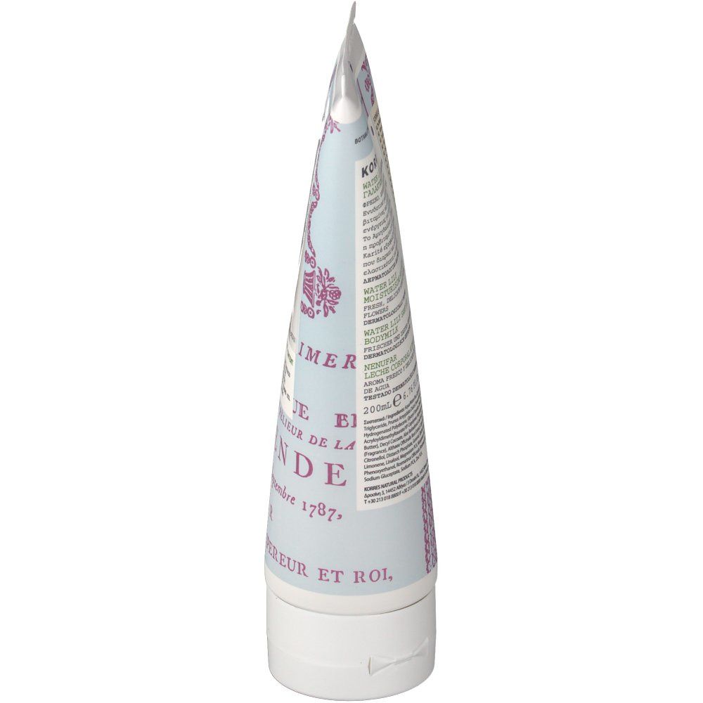 Körperlotion-Tube, weißer Verschluss, hellblaues Muster, Text. Marke KORRES sichtbar.