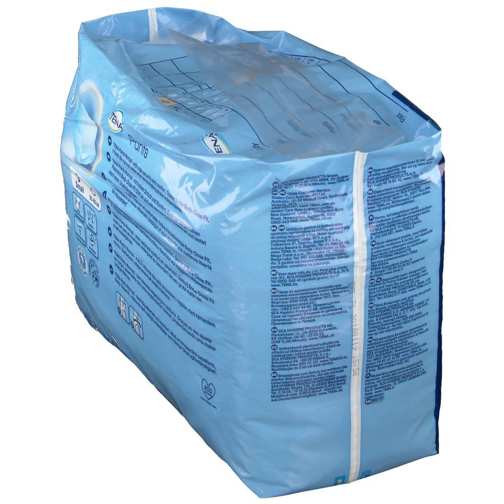 Verpackung TENA Pants Normal Gr. S. Blaue Folienverpackung mit Produktabbildung und Text. Schräge Ansicht.