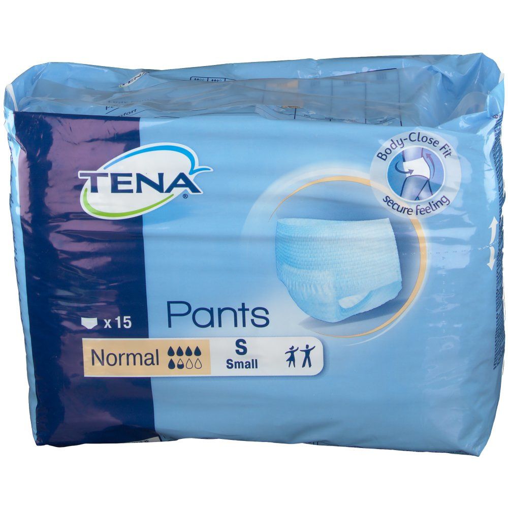 Vorderseite der Verpackung TENA Pants Normal Gr. S. Blaue Verpackung mit Produktabbildung, Text und Logo.