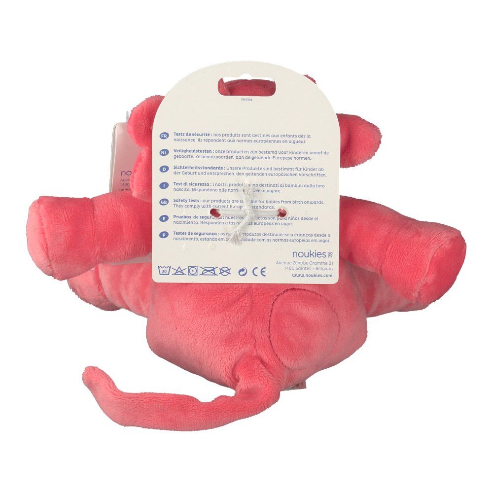Vue arrière de la peluche rose. Étiquette avec texte. Symboles de lavage. L'étiquette indique 'noukies'.