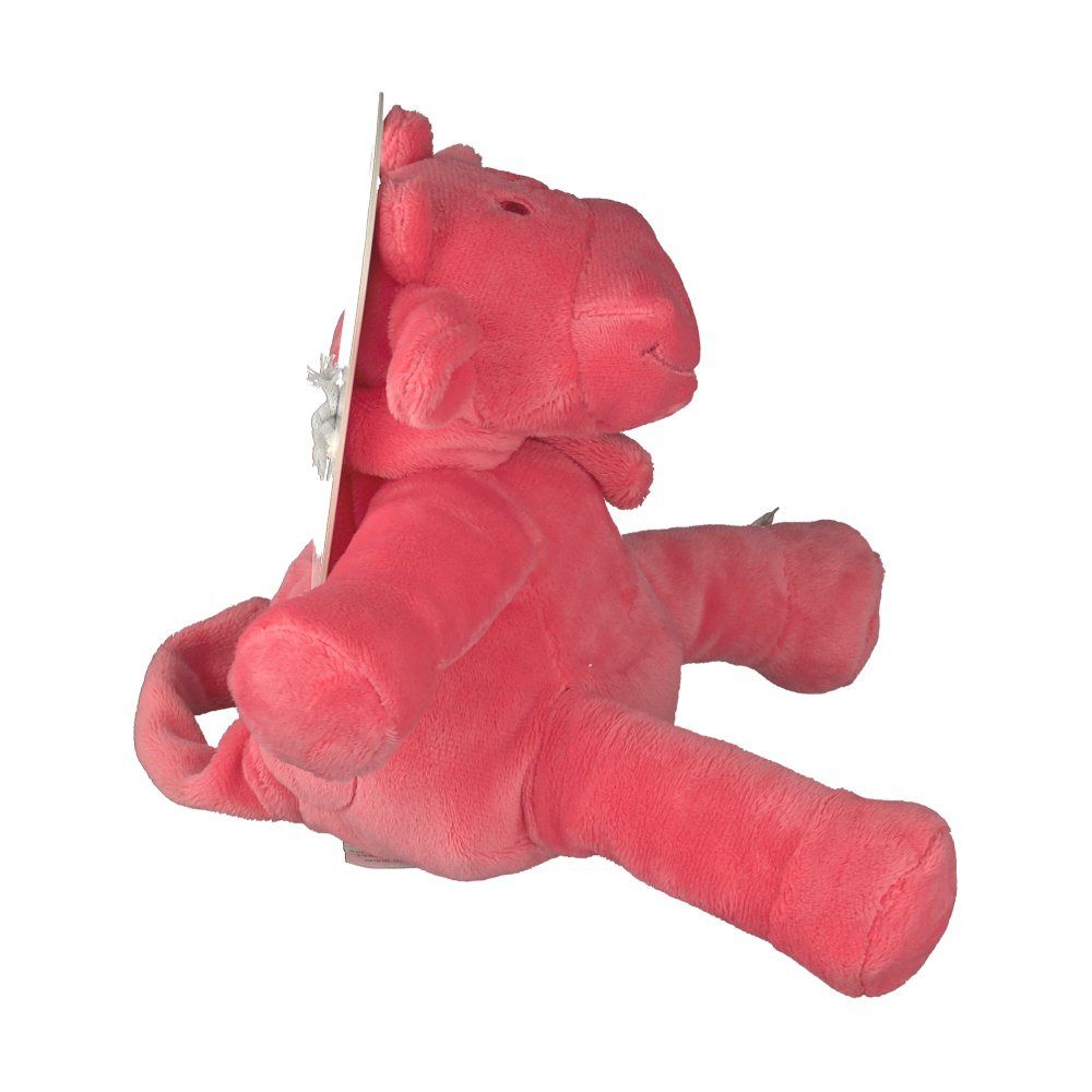 Peluche rose en forme de vache. Vue latérale. Étiquette. Matière douce. Logo cousu.