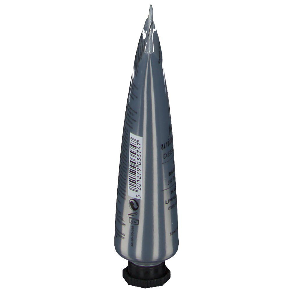 Tube argenté, effilé. Bouchon noir. Inscription illisible. Dos avec texte.