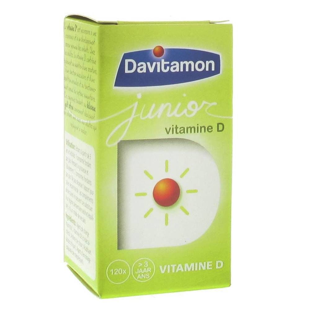 Grüne Schachtel mit Davitamon junior Vitamin D. Sichtfenster mit Sonne. Text: Vitamin D, 120x, >3 jaar.