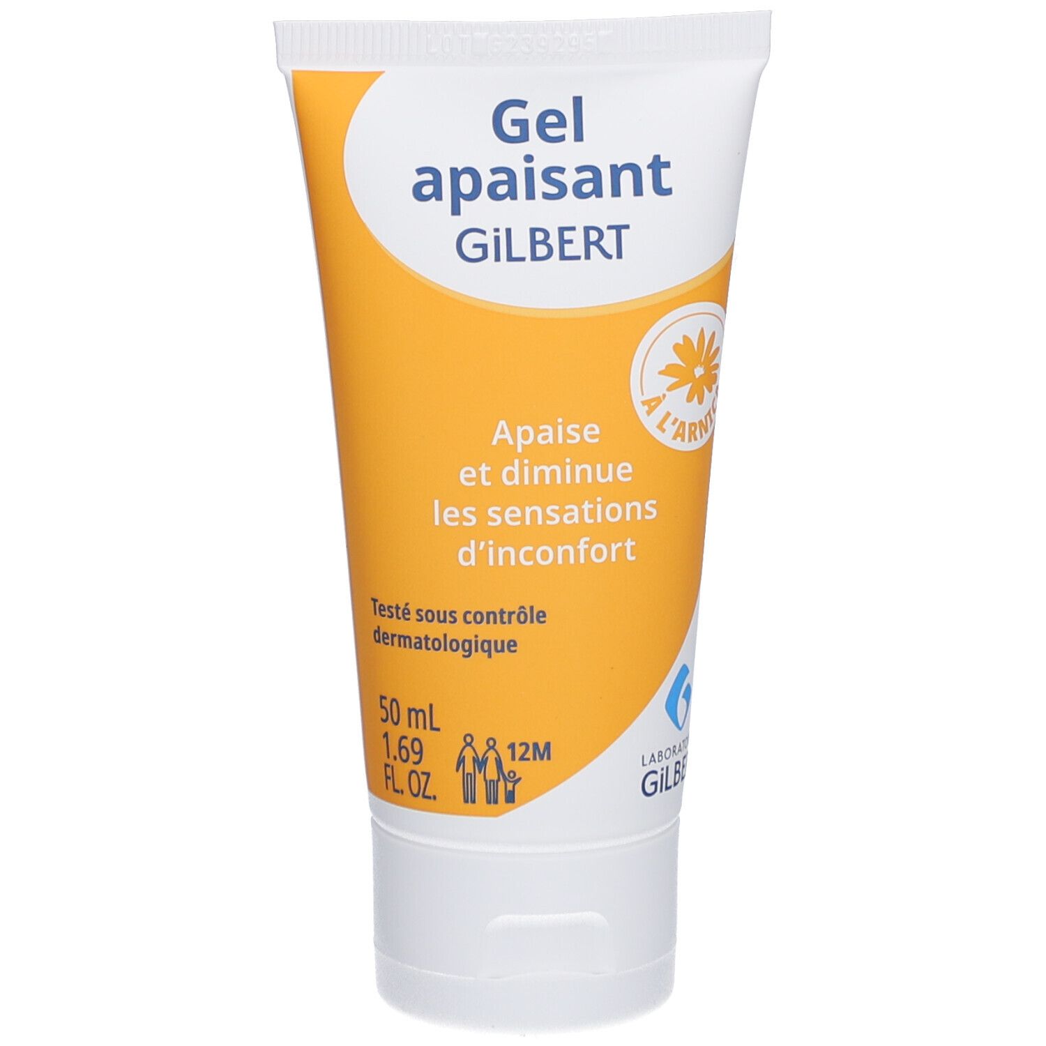 Tube mit Gel, gelb-weiß. Aufschrift: Gel apaisant GILBERT. Mit Arnika. 50 ml. Dermatologisch getestet.