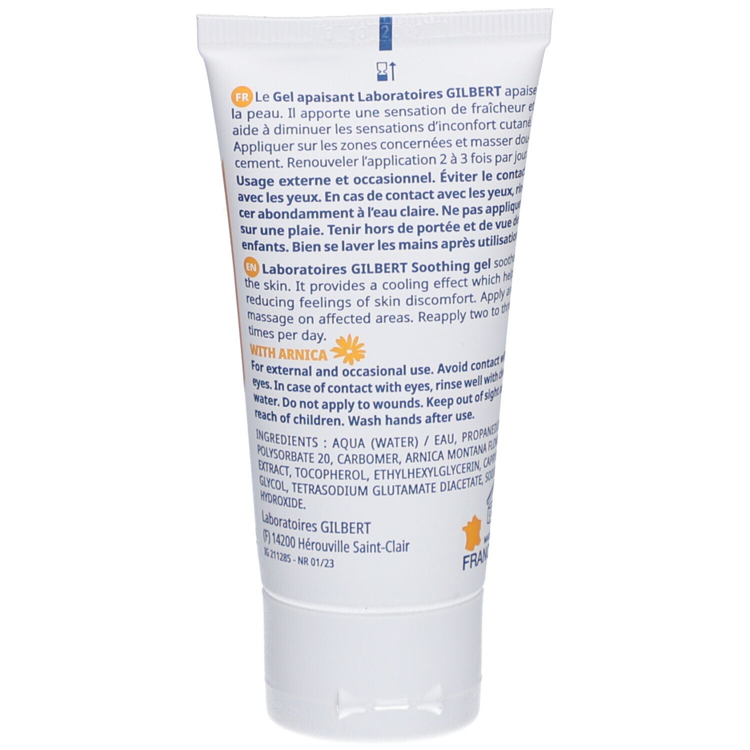 Rückseite der Tube mit Gel. Text in Französisch und Englisch. Inhaltsstoffe und Anwendungshinweise.