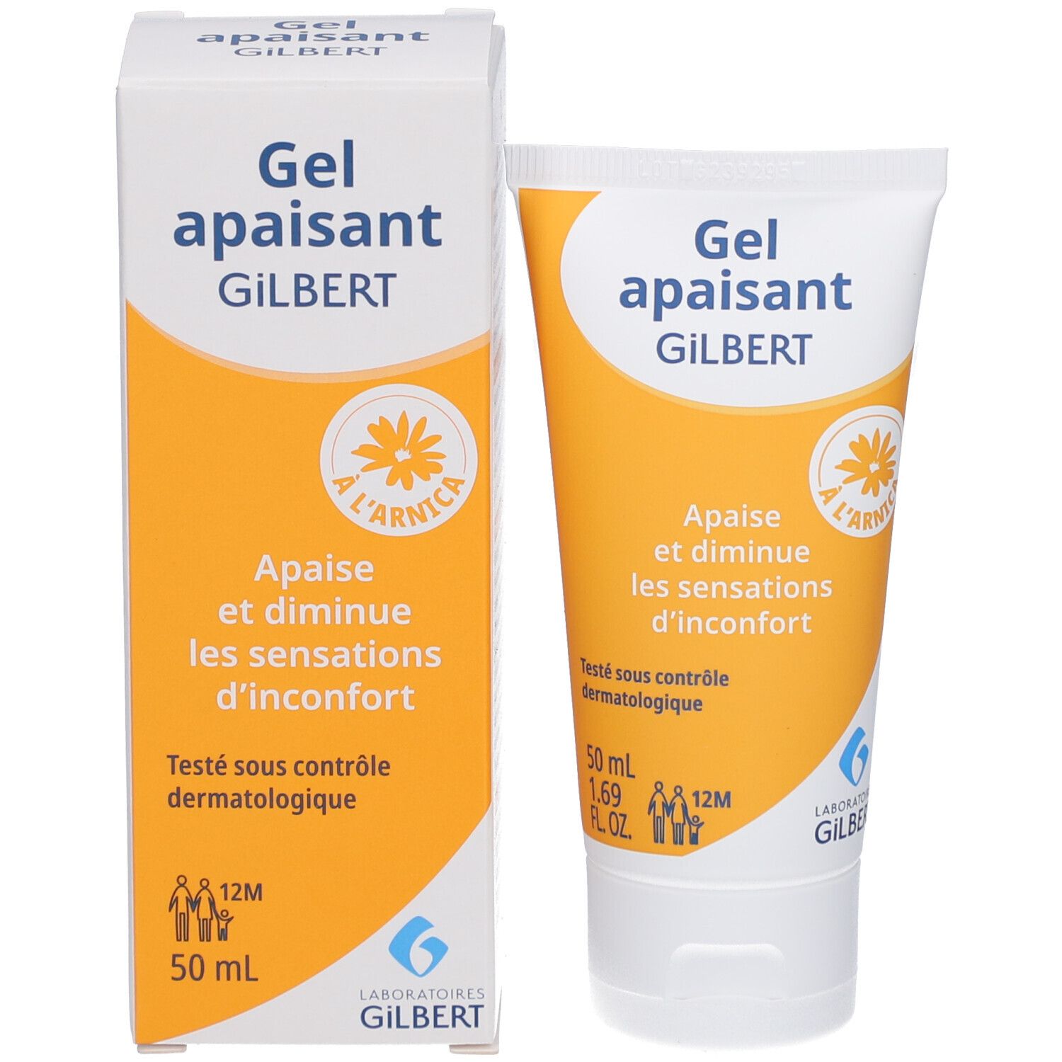 Schachtel und Tube mit Gel. Aufschrift: Gel apaisant GILBERT. Mit Arnika. 50 ml. Dermatologisch getestet.