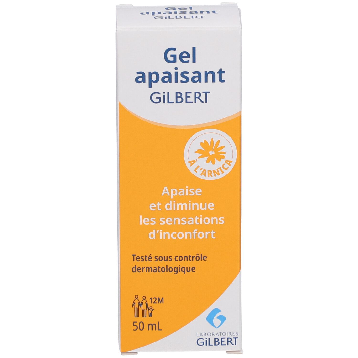 Schachtel mit Gel. Aufschrift: Gel apaisant GILBERT. Mit Arnika. 50 ml. Dermatologisch getestet.