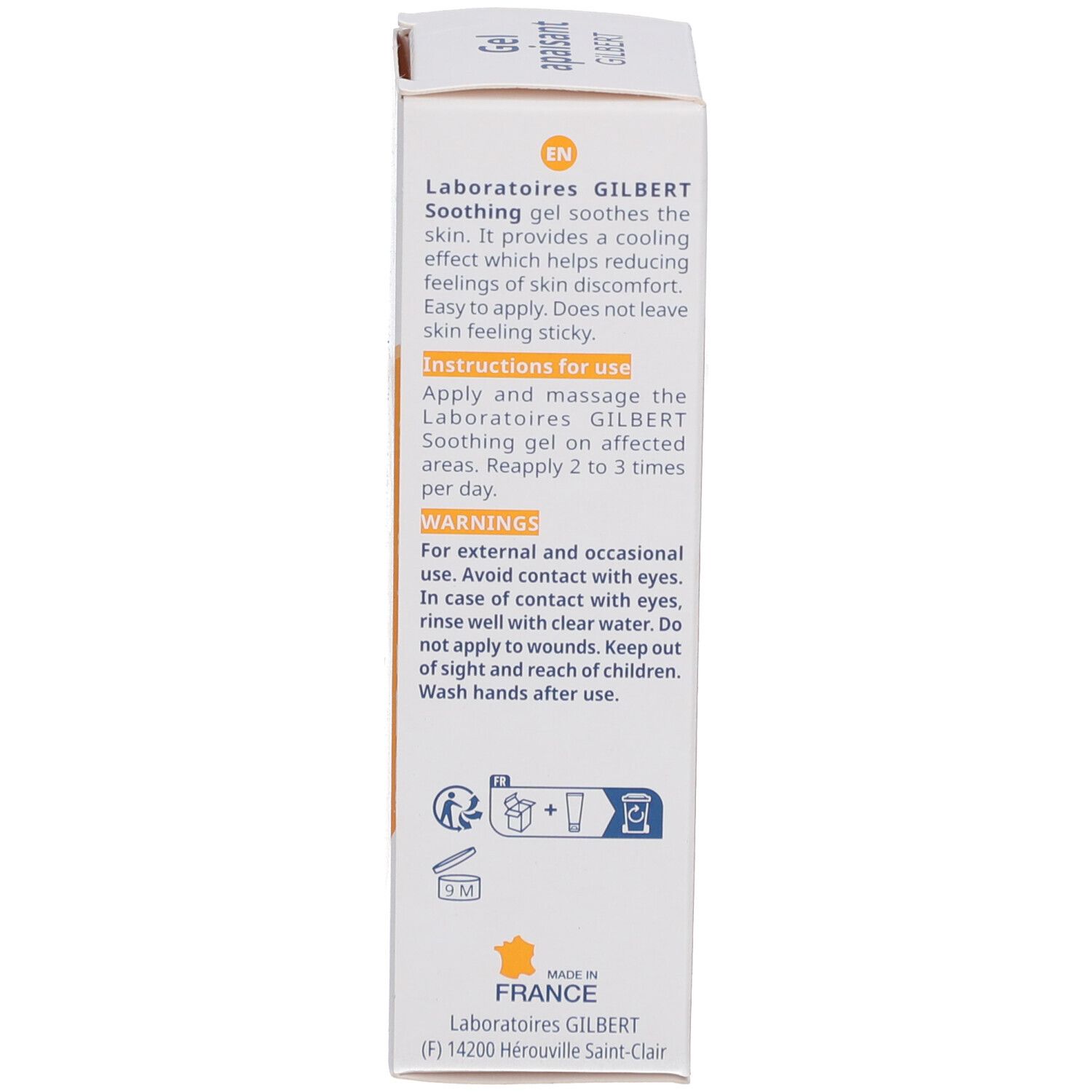 Rückseite der Schachtel mit Gel. Text in Englisch und Französisch. Anwendungshinweise und Inhaltsstoffe.