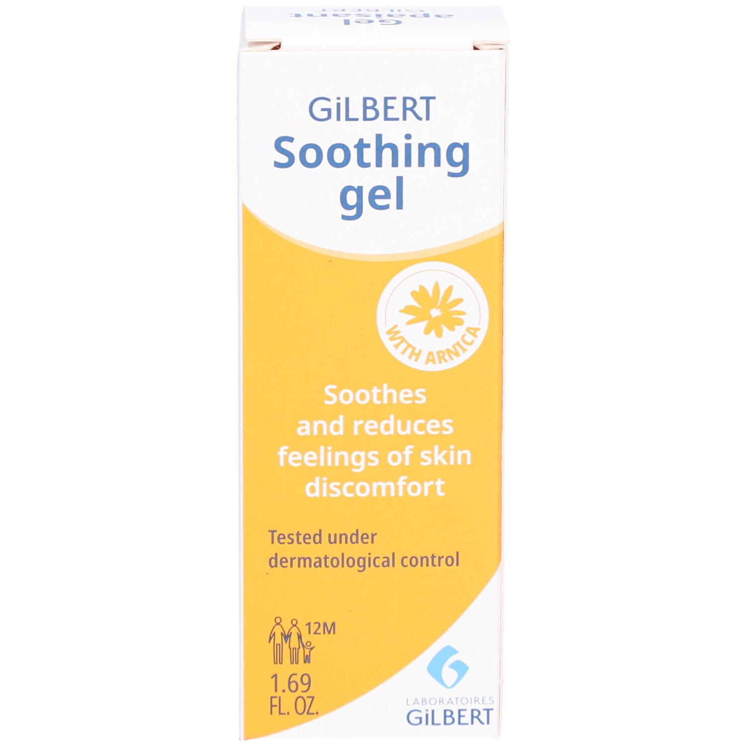 Schachtel mit Gel. Aufschrift: GILBERT Soothing gel. Mit Arnika. Dermatologisch getestet. 1.69 FL.OZ.