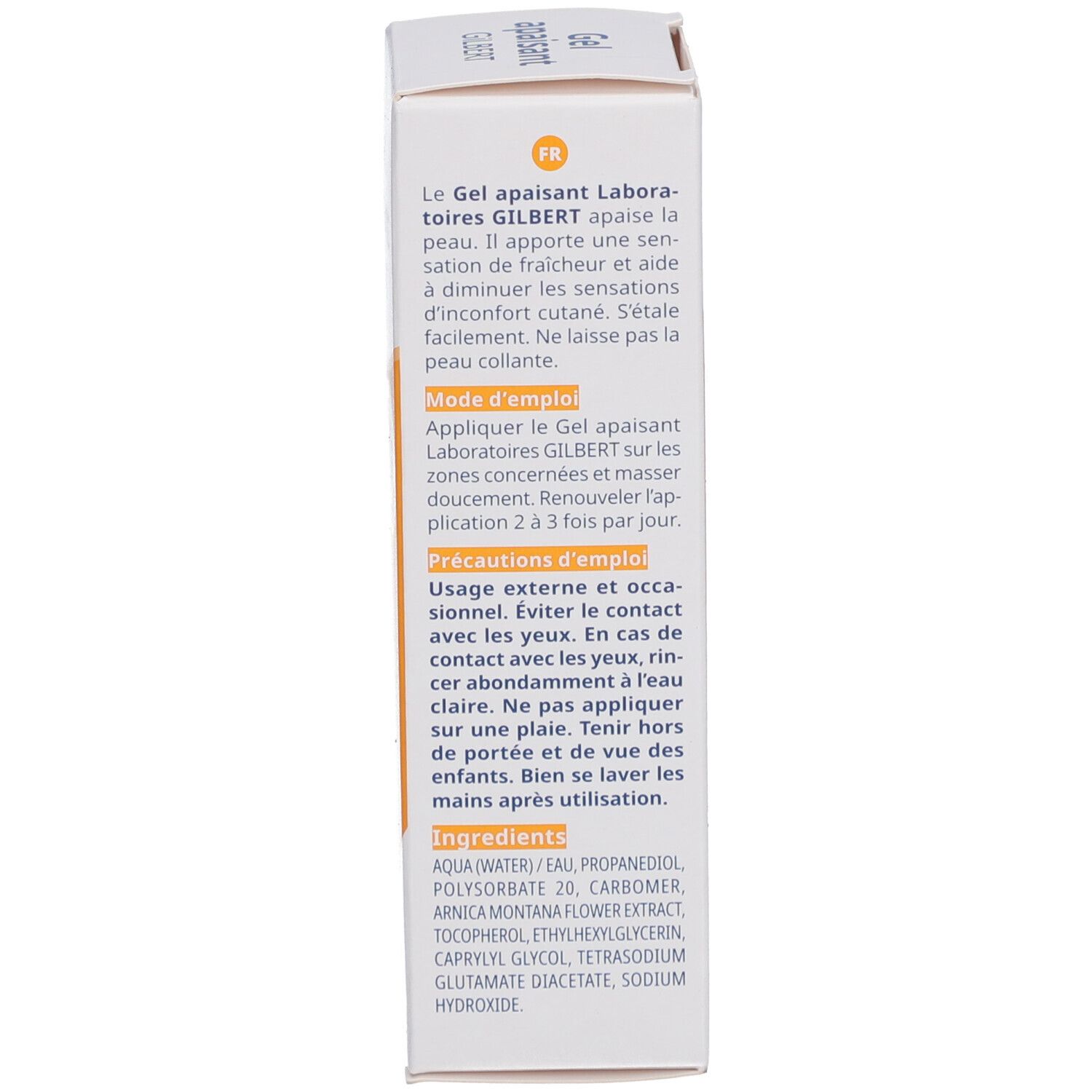 Rückseite der Schachtel mit Gel. Text in Französisch. Anwendungshinweise und Inhaltsstoffe.