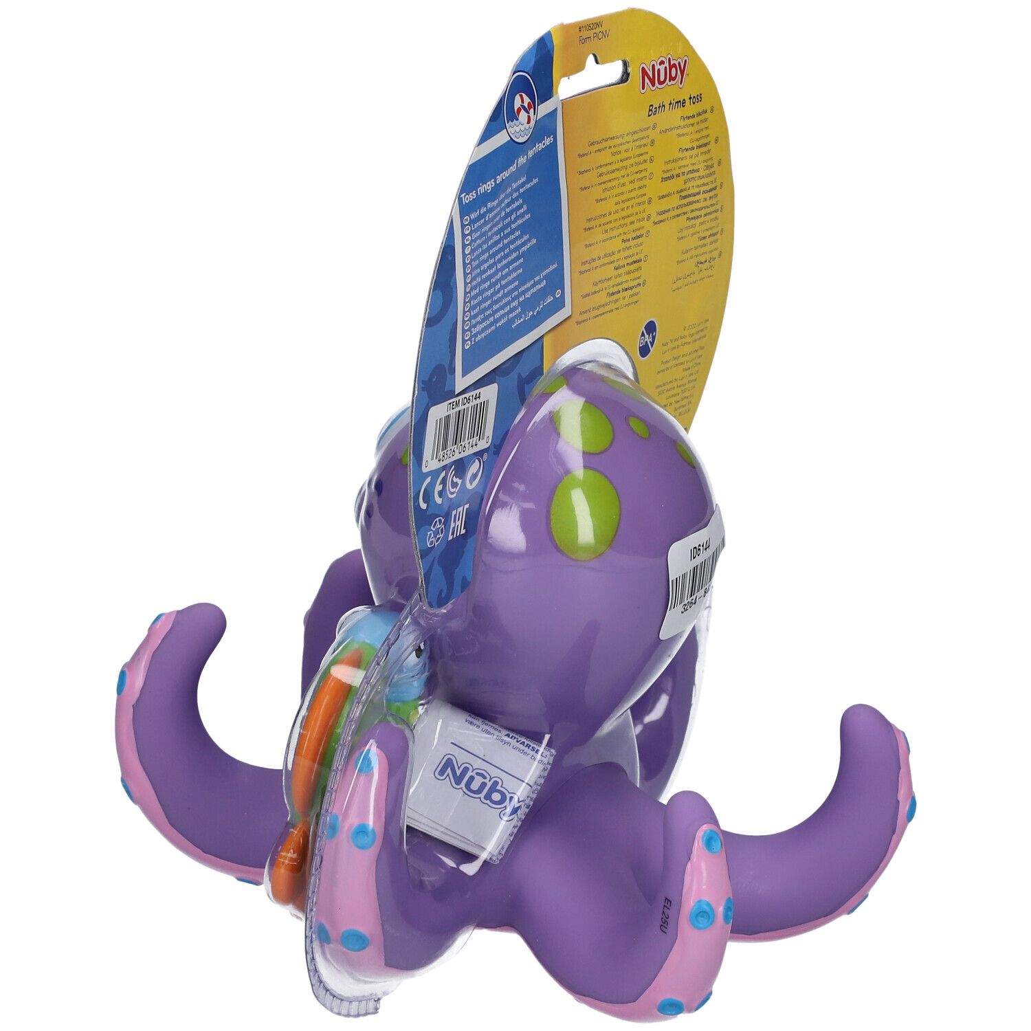 Rückansicht des Nuby Schwimmender Oktopus in Verpackung. Gelbe Karte mit Produktnamen und Altersempfehlung.