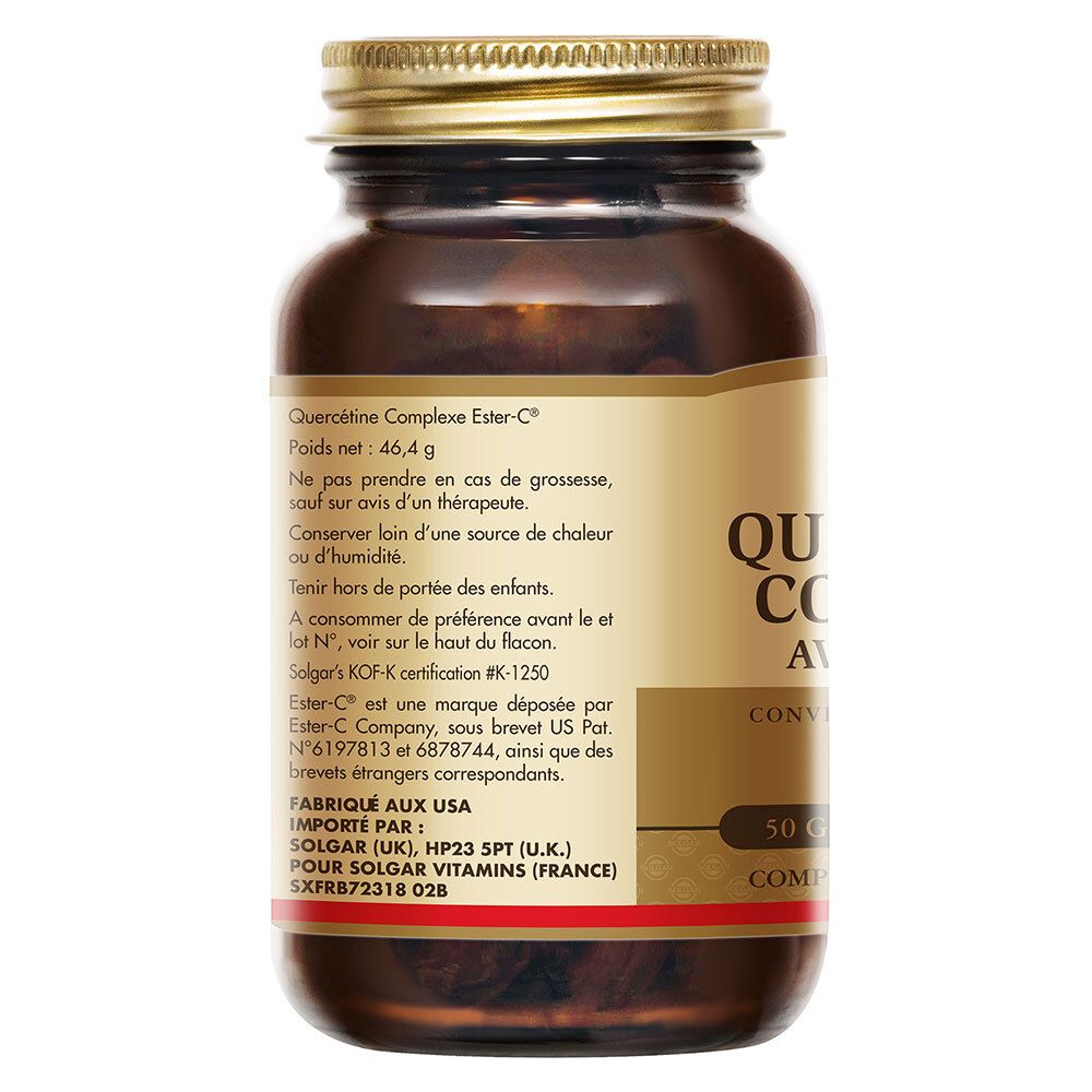 Rückseite der Flasche. Text: Quercetine Complexe Ester-C, Inhaltsstoffe, Gebrauchsanweisung, Hersteller.