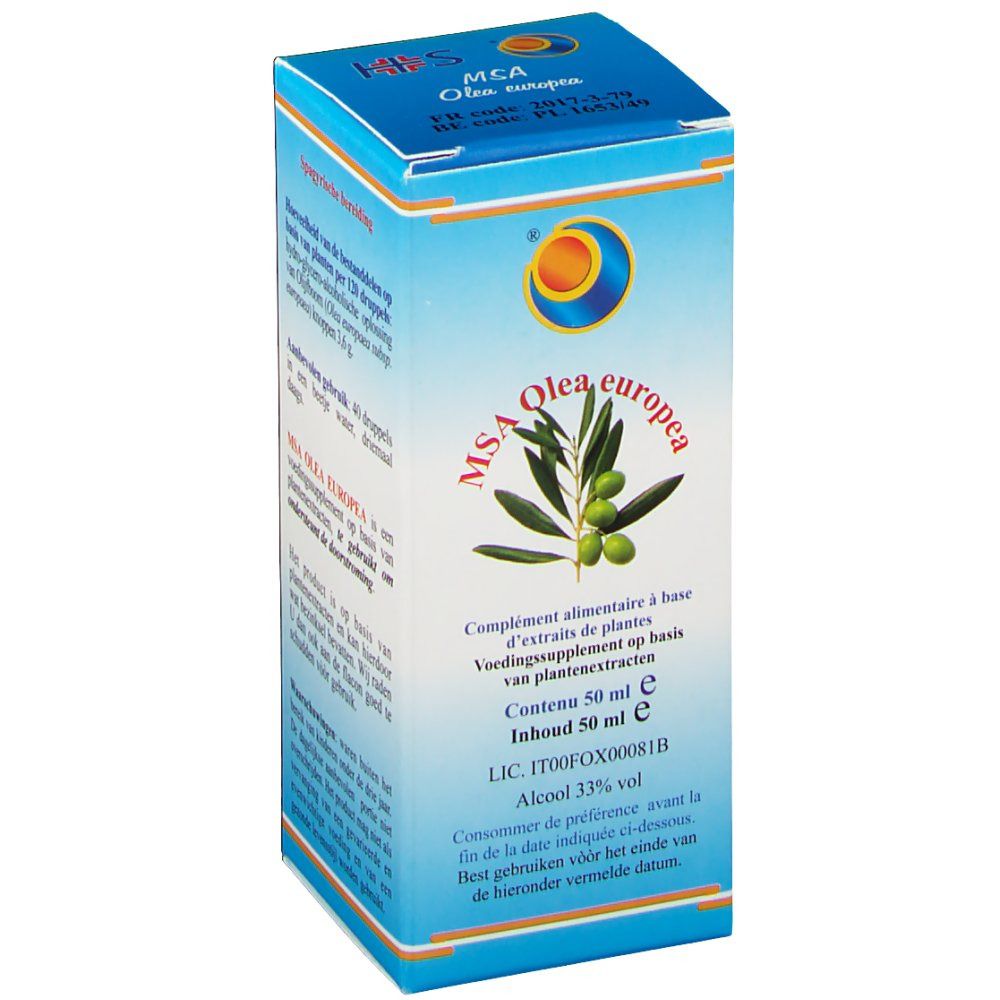 Kartonverpackung mit Produktnamen MSA Olea europea, Olivenzweig-Illustration. Blaue und weiße Farbgebung. Text in mehreren Sprachen.