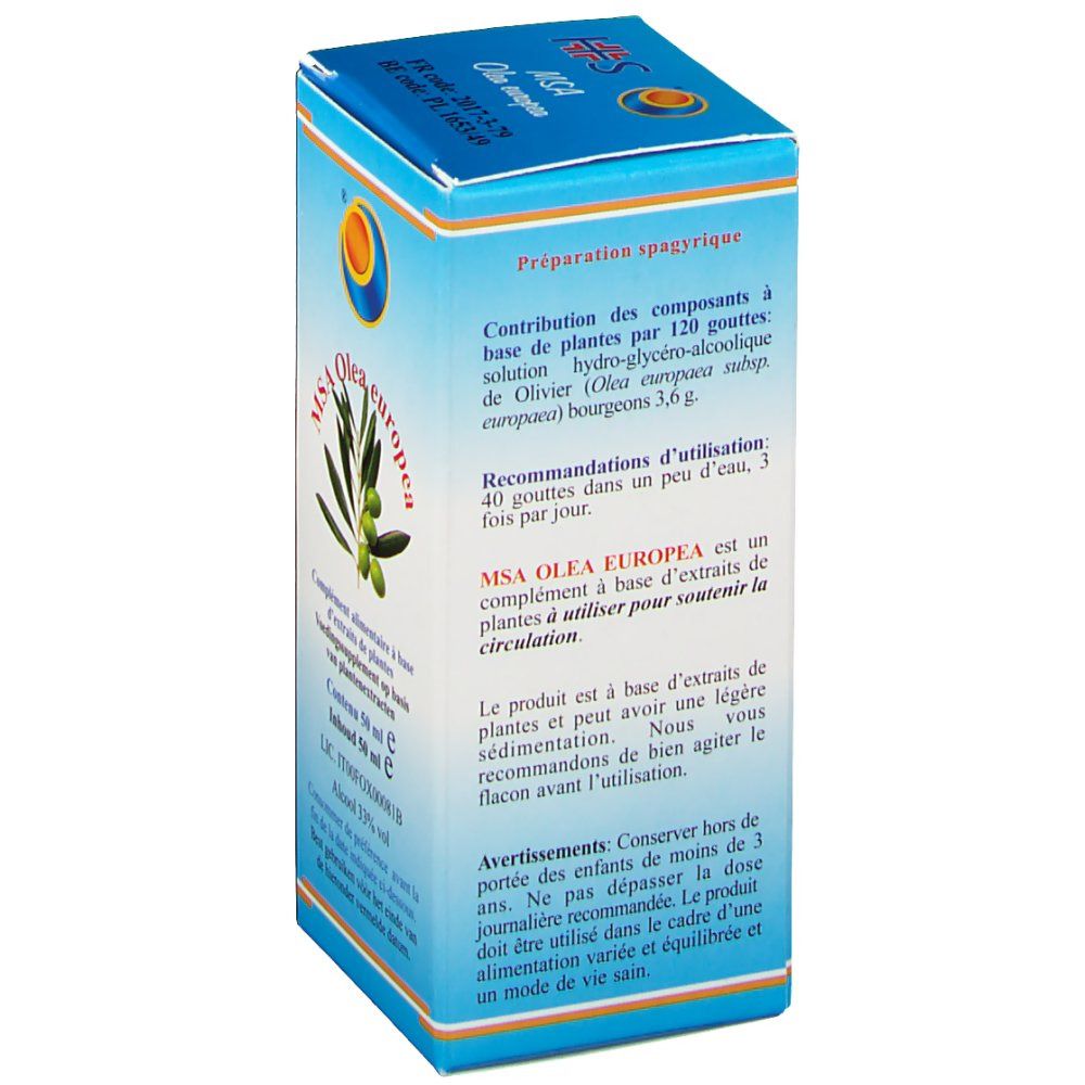 Rückseite der Kartonverpackung MSA Olea europea. Text in mehreren Sprachen. Enthält Informationen über Inhaltsstoffe und Anwendung.