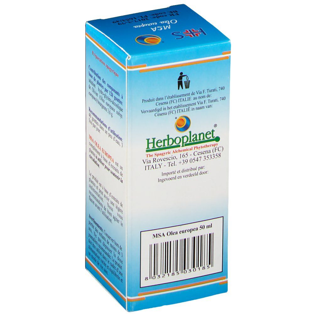 Kartonverpackung MSA Olea europea. Herstellerinformationen und Barcode. Logo von Herborplanet. Text in mehreren Sprachen.