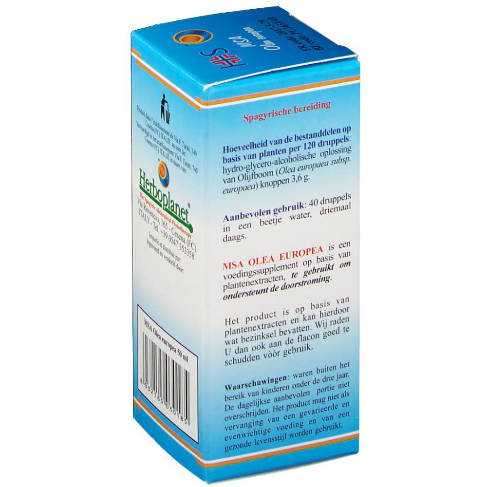 Rückseite der Kartonverpackung MSA Olea europea. Text in mehreren Sprachen. Enthält Informationen über Inhaltsstoffe und Anwendung.