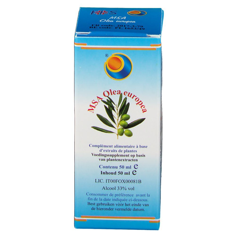 Kartonverpackung MSA Olea europea. Produktname, Olivenzweig-Illustration. Blaue und weiße Farbgebung. Text in mehreren Sprachen.